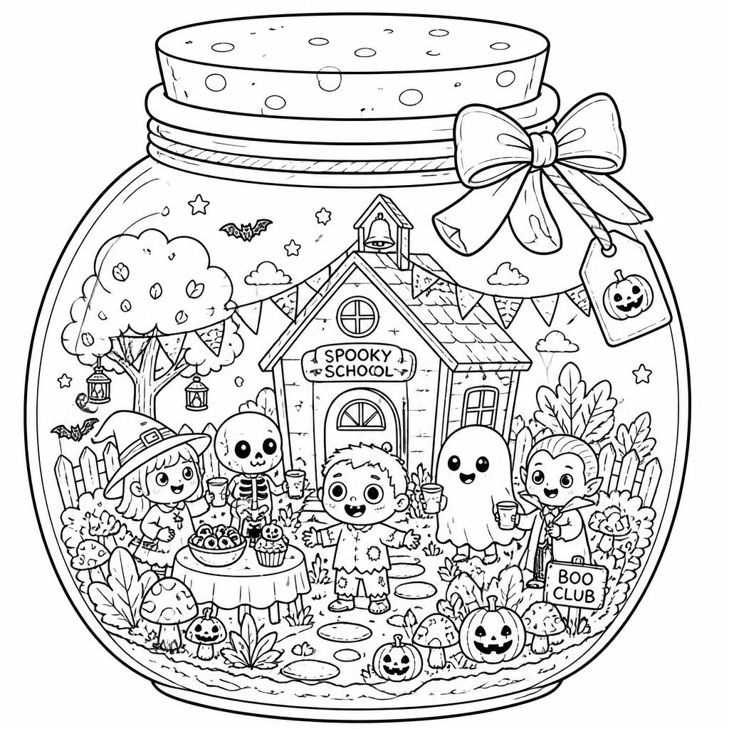 Halloween Coloring Page — Magical Halloween Terrarium