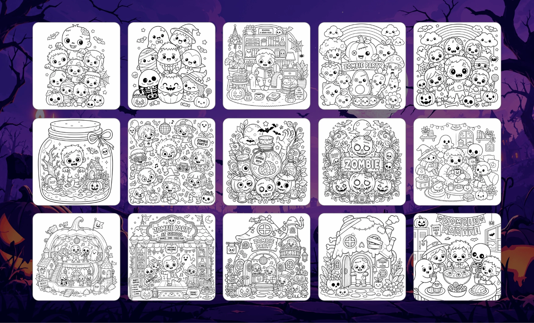 15 Zombie Party coloring pages in different visual styles