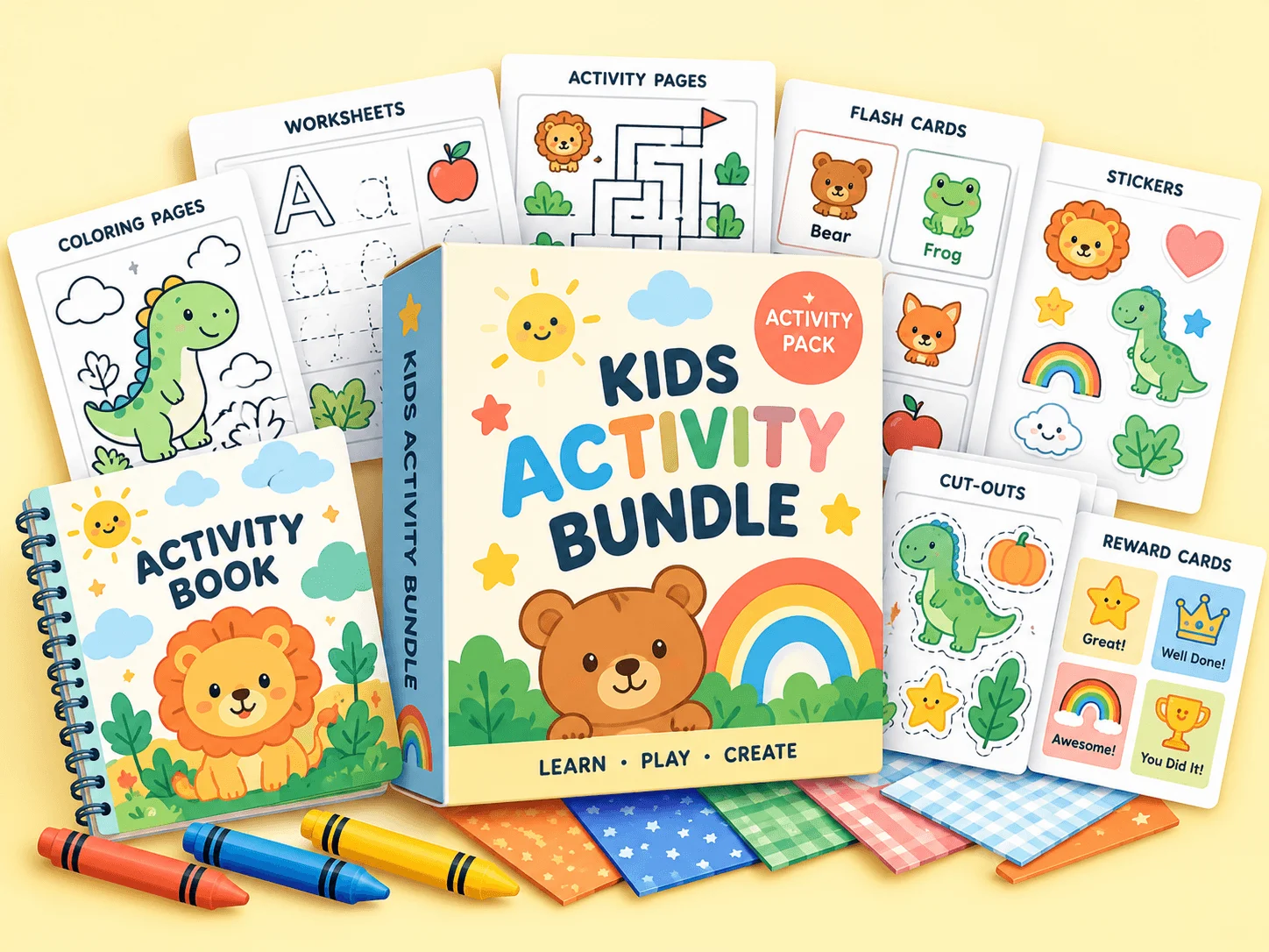 Kids Activity Bundle with worksheets, coloring pages, flash cards, stickers, and printable resources