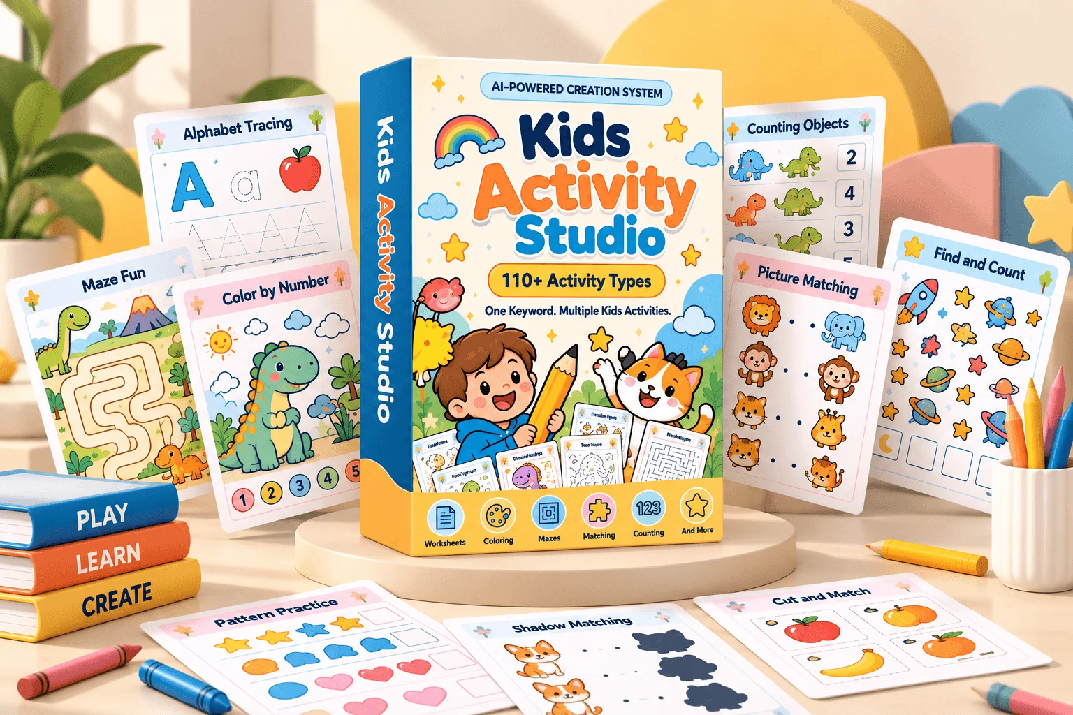 Kids Activity Studio product box with colorful cartoon-style activity worksheets