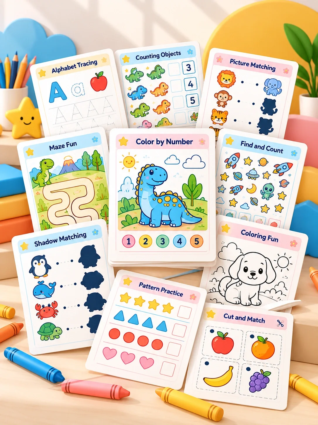 Kids Activity Studio collection of colorful cartoon-style activity worksheets